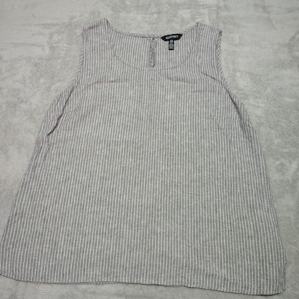 Ellen‎ Tracy Blouse Ladies XL Grey/White Striped Linen Blend Sleeveless Summer